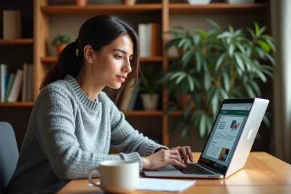 Femme accédant à l'ENT 41 depuis son bureau à domicile sur un ordinateur portable
