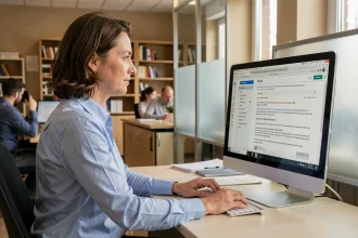 Une enseignante accède à sa messagerie académique sur l'intranet Amiens depuis son bureau dans un établissement scolaire