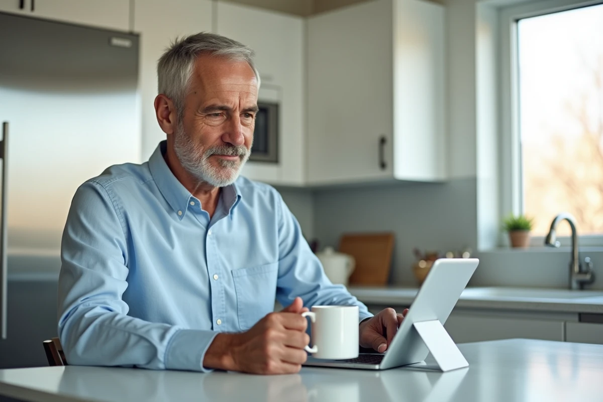 Homme accédant à sa messagerie Laposte.net sur une tablette dans une cuisine moderne