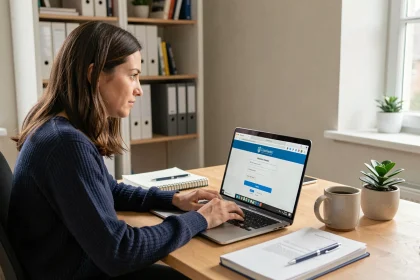 Femme accédant à Webmel Nancy sur un ordinateur portable depuis un bureau à domicile