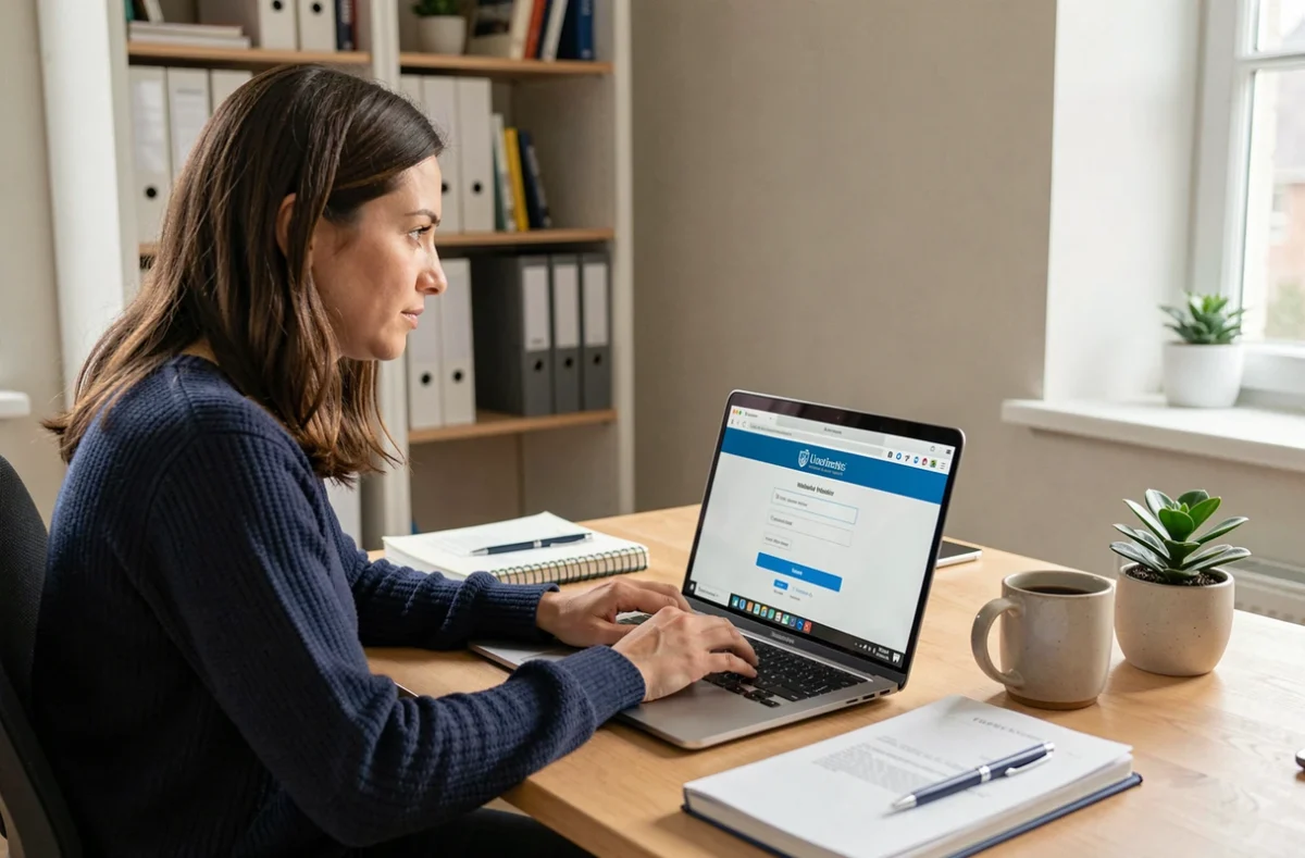 Femme accédant à Webmel Nancy sur un ordinateur portable depuis un bureau à domicile