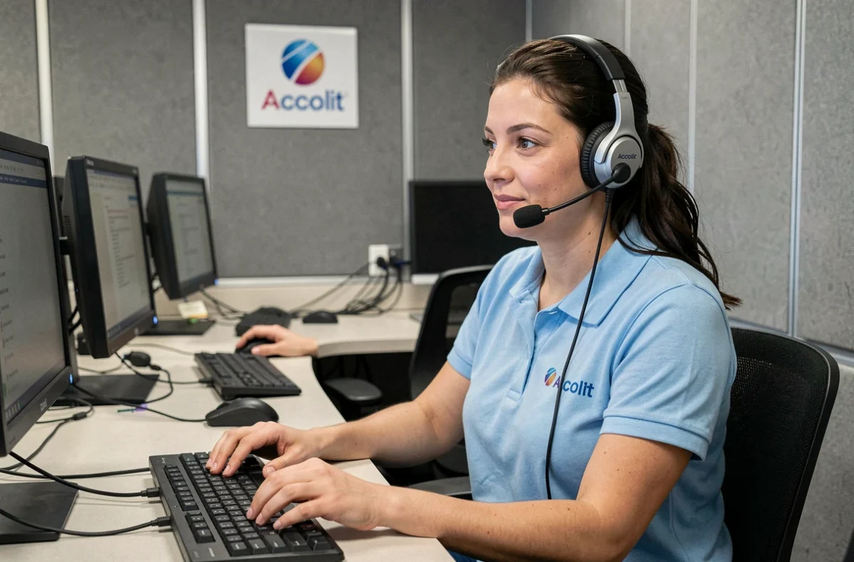 Technicienne Acolit assurant le support informatique par téléphone depuis un poste de helpdesk