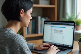 Femme utilisant Google Lens dans le navigateur Chrome sur un ordinateur portable via un clic droit
