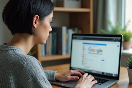 Femme utilisant Google Lens dans le navigateur Chrome sur un ordinateur portable via un clic droit