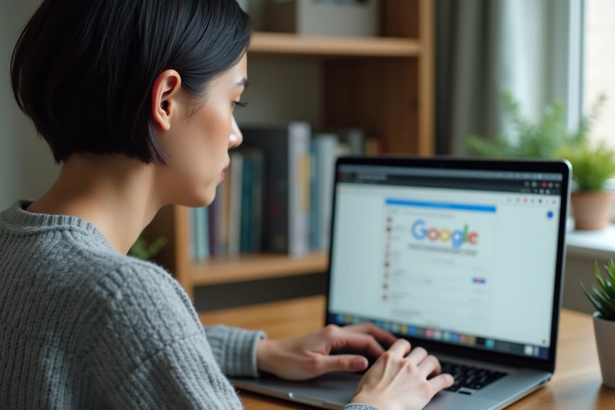 Femme utilisant Google Lens dans le navigateur Chrome sur un ordinateur portable via un clic droit