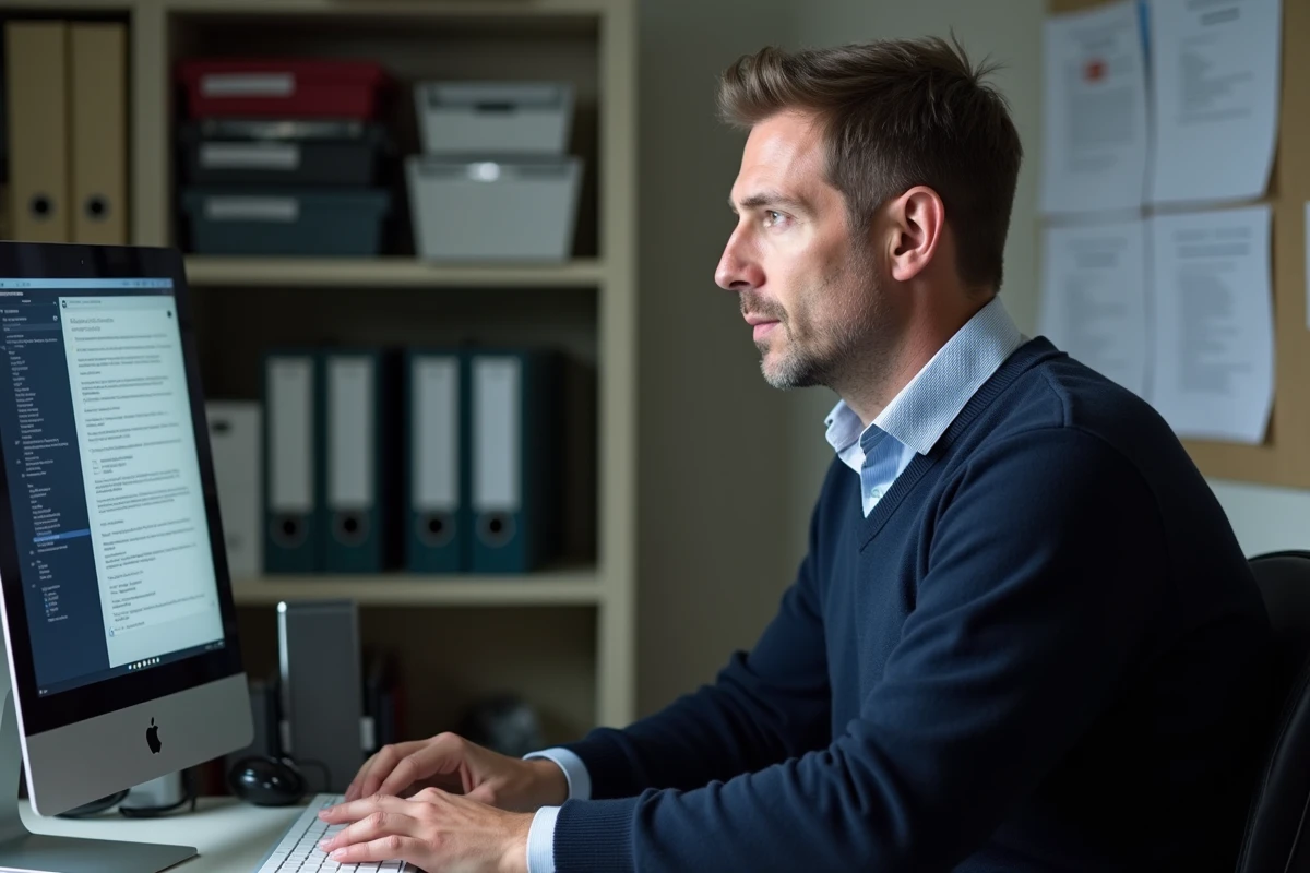 Administrateur universitaire consulte ses instructions de webmail dans un bureau organisé