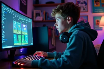Adolescent concentré devant un ordinateur gérant un serveur Minecraft avec des mini-jeux UHC, dans une chambre de gamer