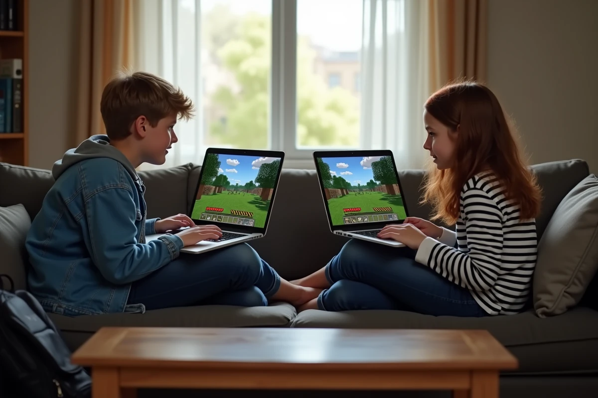 Deux adolescents jouant ensemble à un mini-jeu UHC sur un serveur Minecraft gratuit depuis leur salon