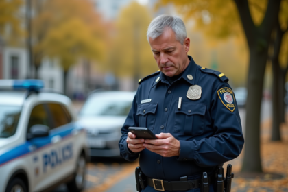 Policier homme examinant un GPS en ville