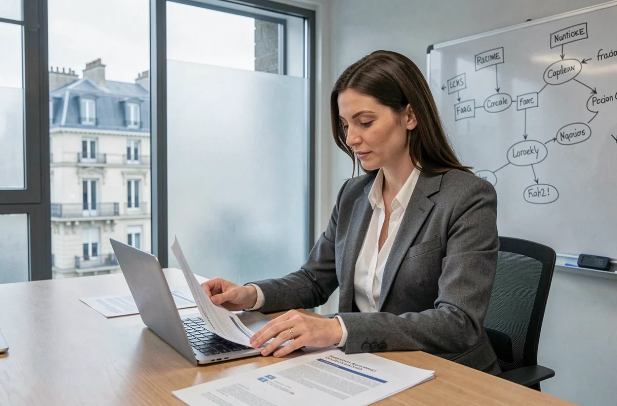 Professionnelle d'Alliance Entreprendre analysant une stratégie de développement d'entreprise en salle de réunion