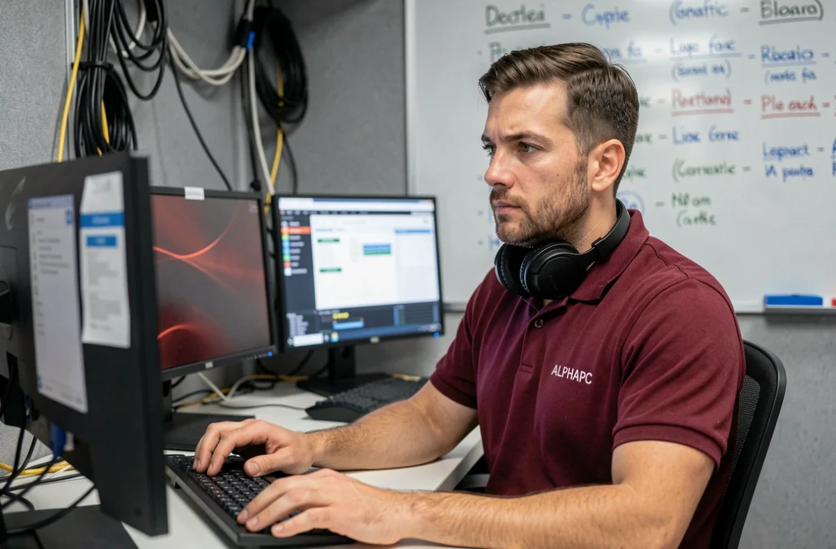 Technicien ALPHAPC analysant des diagnostics sur plusieurs écrans dans un bureau informatique moderne