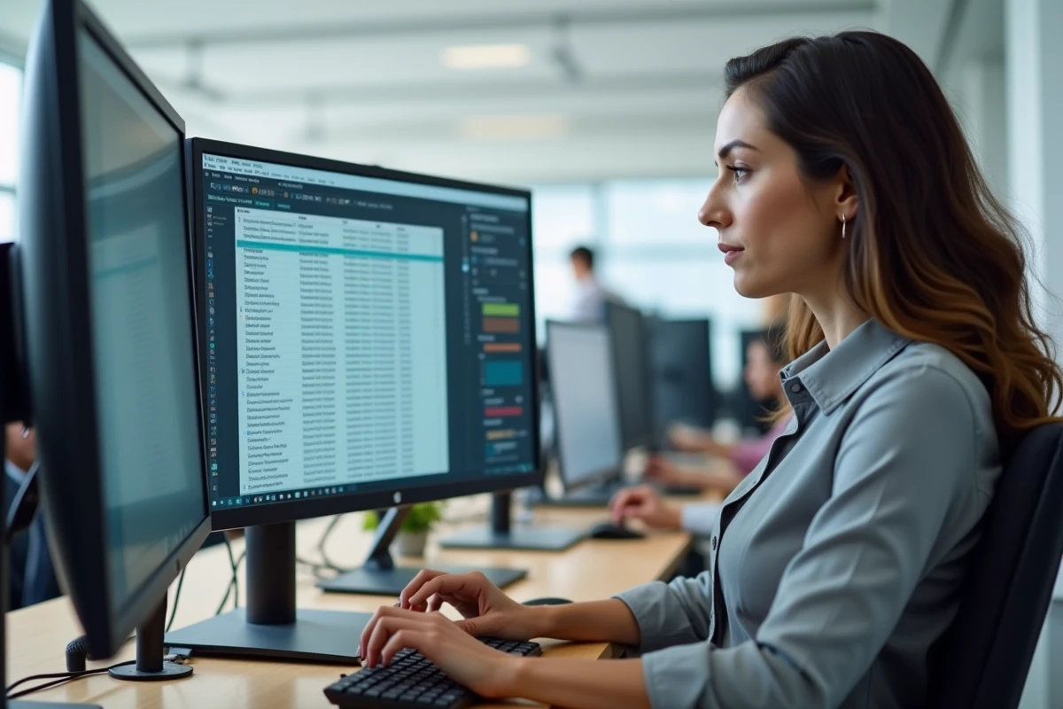 Femme professionnelle analysant des exports de données sur deux écrans dans un bureau moderne