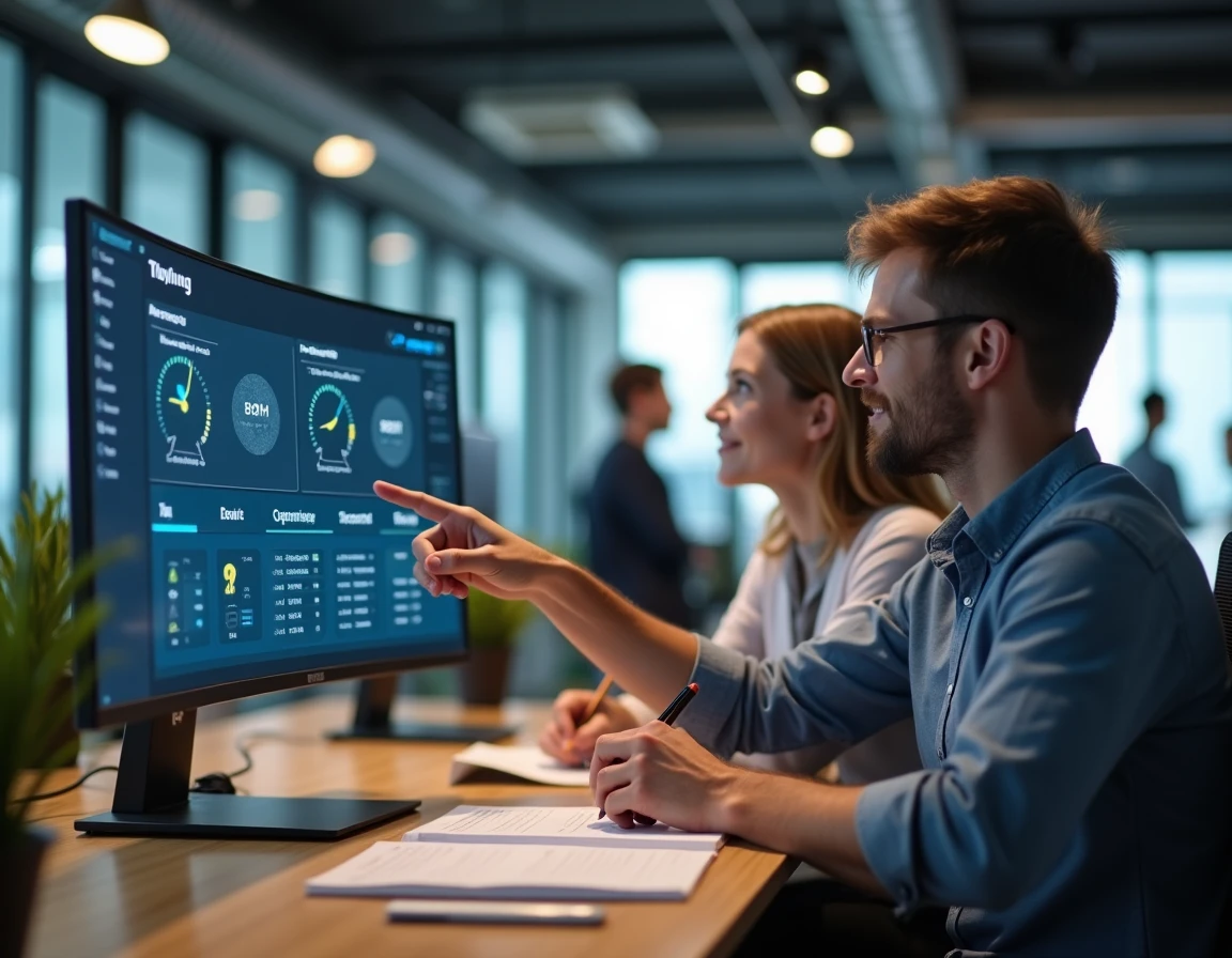 Deux collègues analysant les résultats d'un test de rapidité clavier sur un écran dans un espace de coworking professionnel