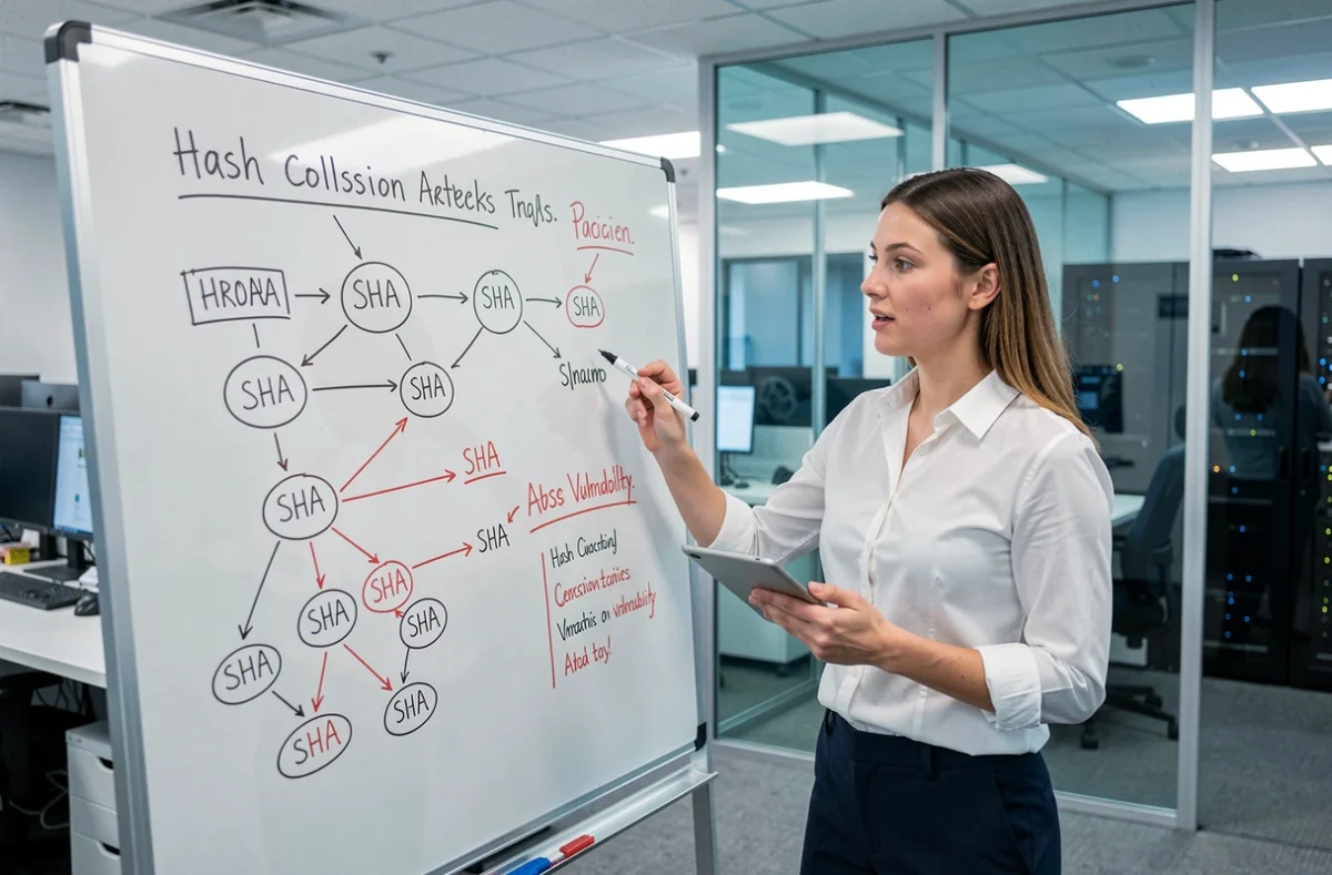 Analyste en cybersécurité présentant les failles des algorithmes SHA sur un tableau blanc dans un centre opérationnel