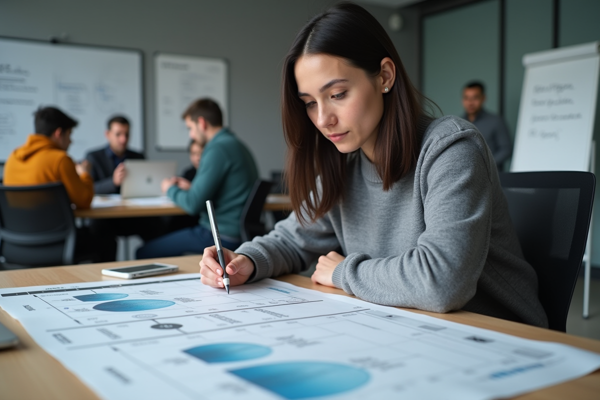 Femme analyste système examine un tableau comparatif