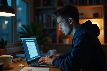 Homme utilisant une adresse email temporaire Yop Mail sur son ordinateur portable pour préserver son anonymat en ligne