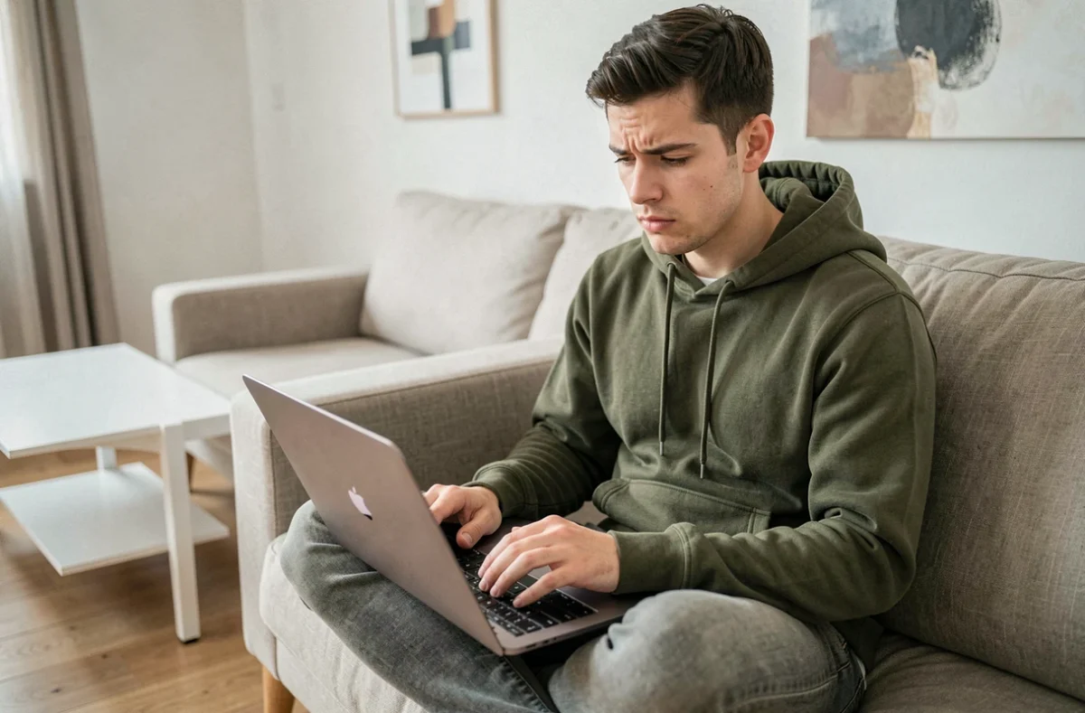 Jeune homme frustré face à une application bloquée sur MacBook Pro dans un salon moderne