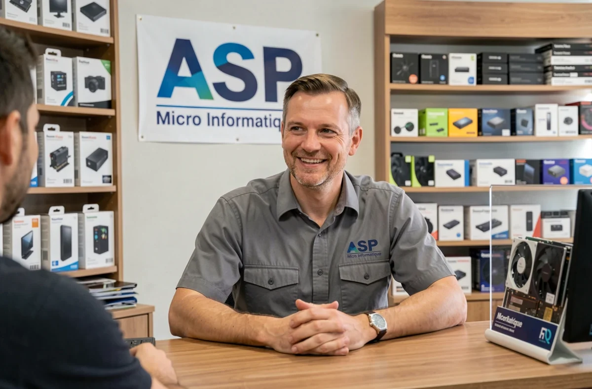 Spécialiste ASP Micro Informatique accueillant un client dans sa boutique de dépannage