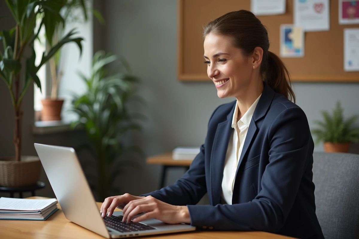 Bénévole d'association utilisant une messagerie professionnelle 1&1 Webmail sur son ordinateur portable dans un bureau associatif