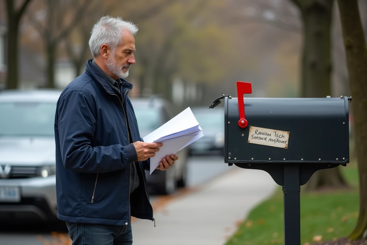 Homme devant une boîte aux lettres avec une ancienne adresse lors d'un déménagement