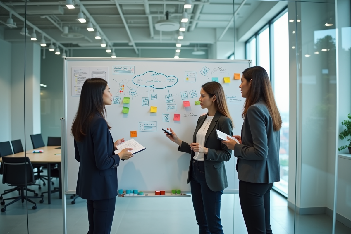 Equipe de femmes en brainstorming autour d un tableau blanc en salle de réunion