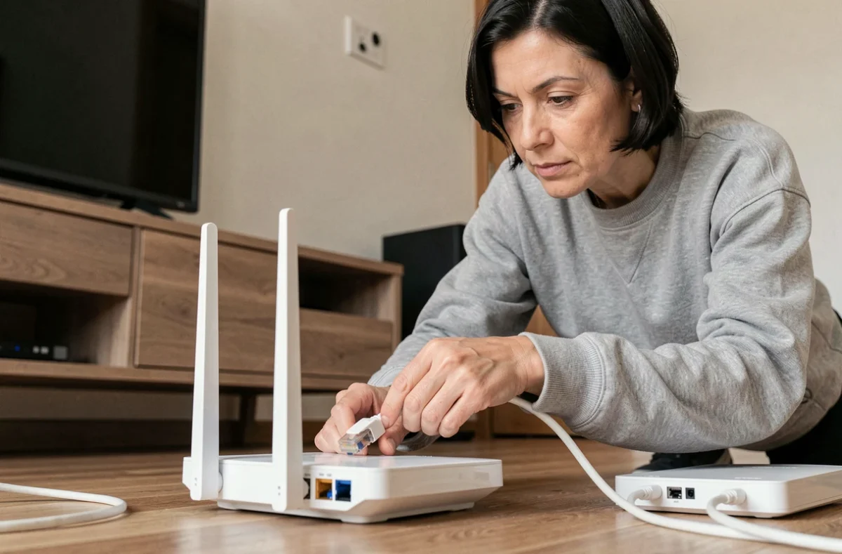 Femme branchant un câble Ethernet RJ45 sur une box internet dans un salon moderne lors d'une installation réseau domestique