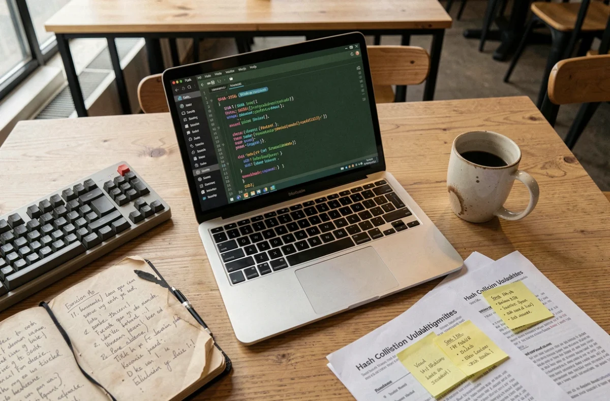 Bureau de développeur avec code Python comparant des hachages SHA-1 et SHA-256 et des notes sur les vulnérabilités cryptographiques
