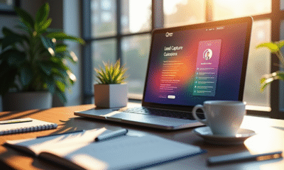 Bureau moderne avec ordinateur affichant un formulaire de capture de leads