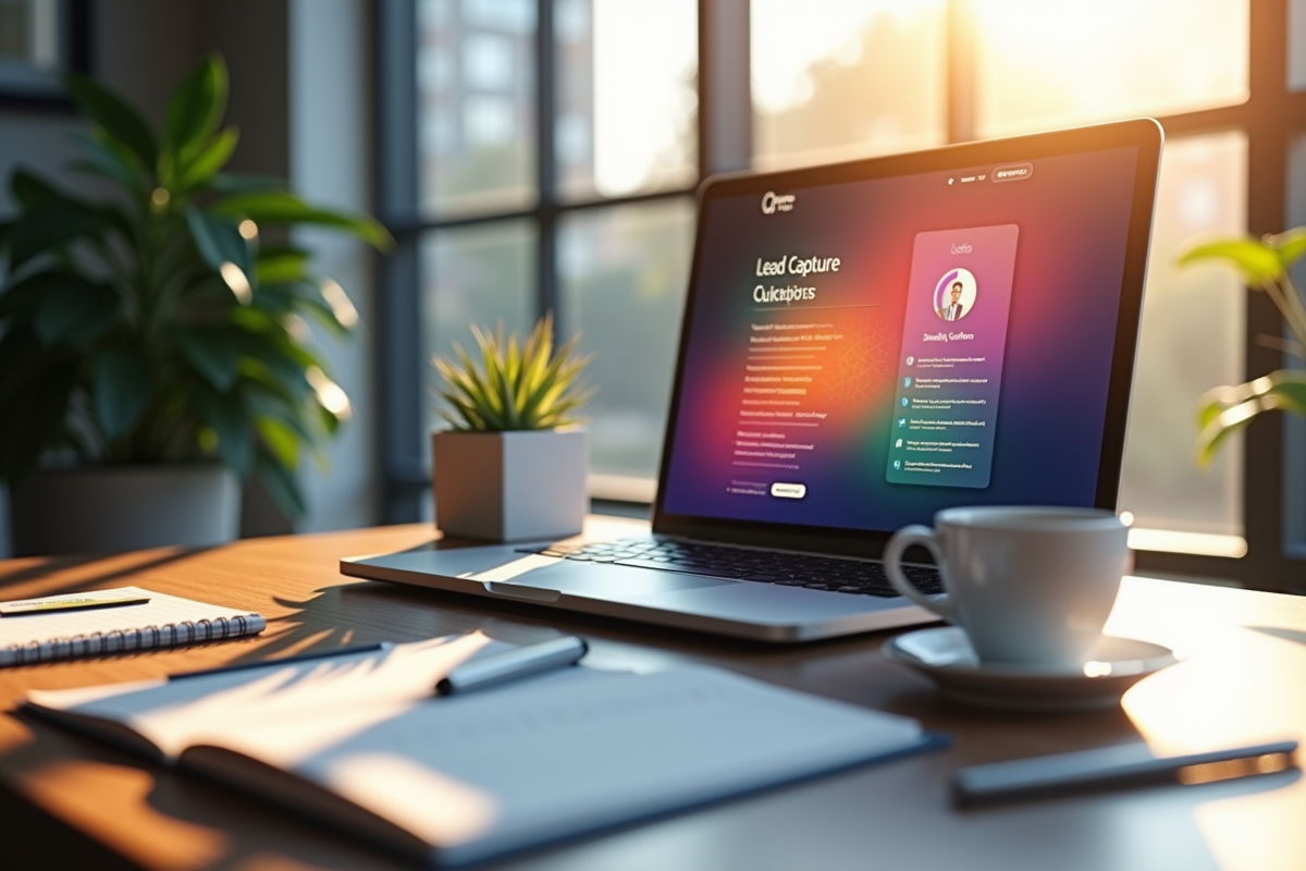 Bureau moderne avec ordinateur affichant un formulaire de capture de leads