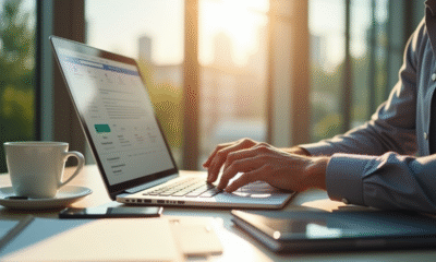 Espace de travail moderne avec ordinateur portable et lumière naturelle
