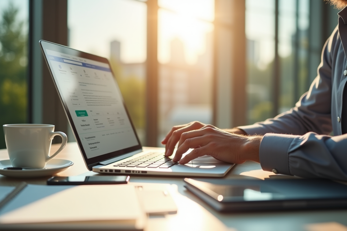 Espace de travail moderne avec ordinateur portable et lumière naturelle