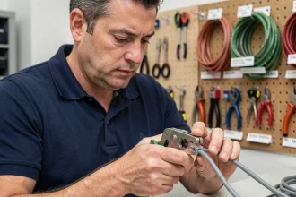 Technicien réseau réalisant un câblage RJ45 avec une pince à sertir professionnelle dans un local technique domestique