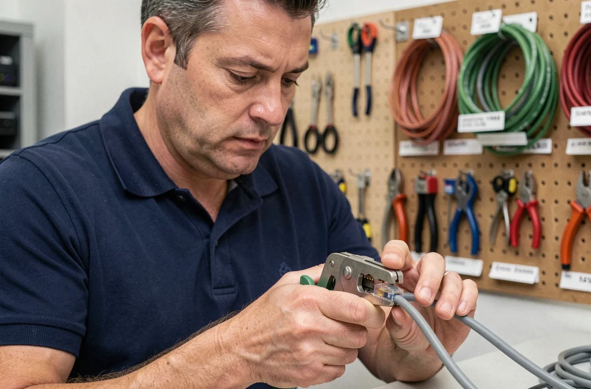 Technicien réseau réalisant un câblage RJ45 avec une pince à sertir professionnelle dans un local technique domestique