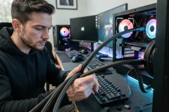 Joueur examinant un câble d'alimentation tressé connecté à un PC gaming avec plusieurs écrans et périphériques RGB