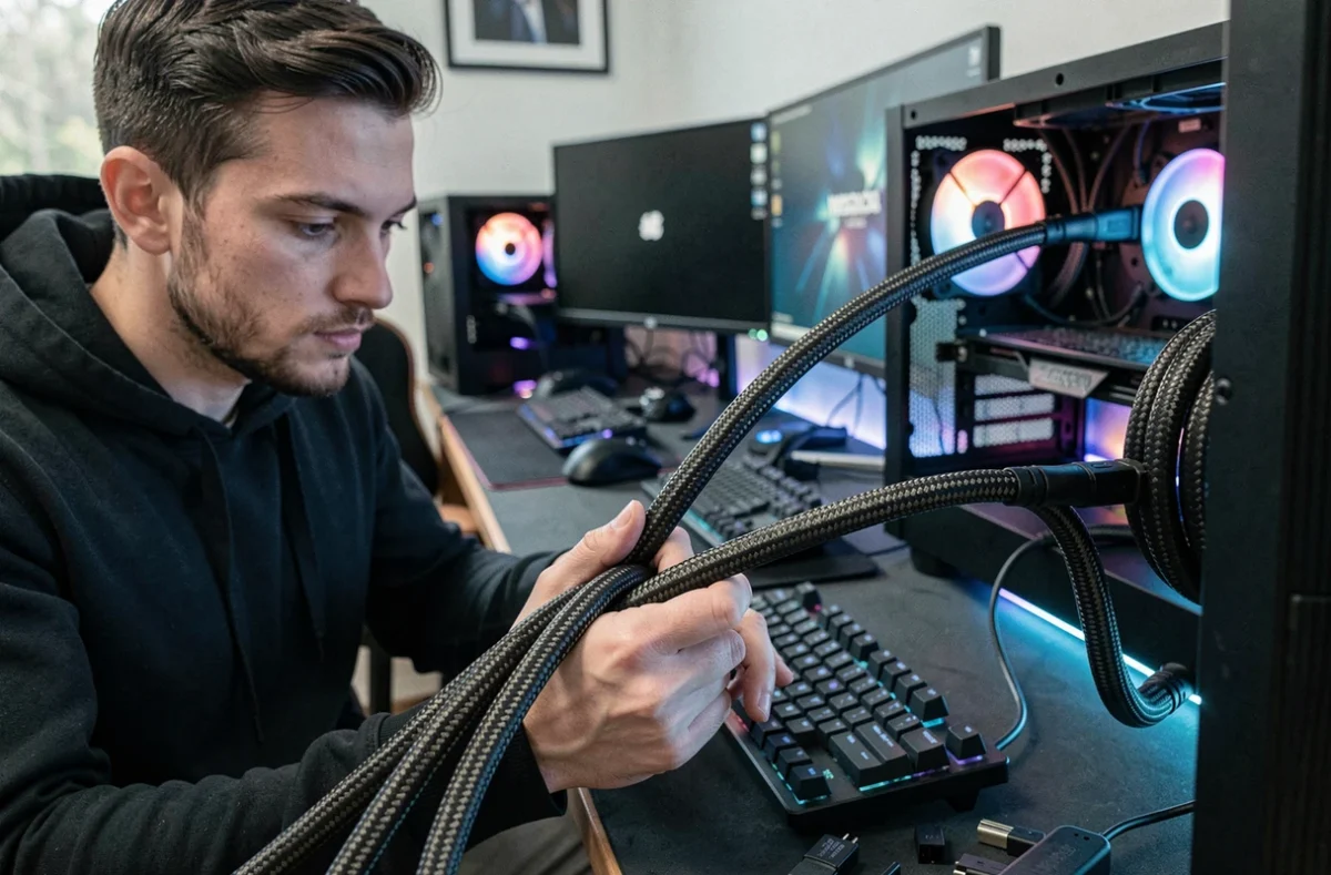 Joueur examinant un câble d'alimentation tressé connecté à un PC gaming avec plusieurs écrans et périphériques RGB