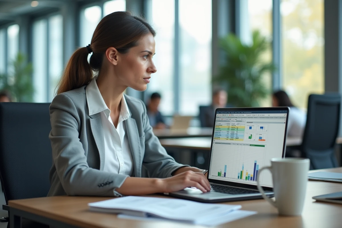 Femme professionnelle calculant une moyenne pondérée sur Excel dans un bureau moderne