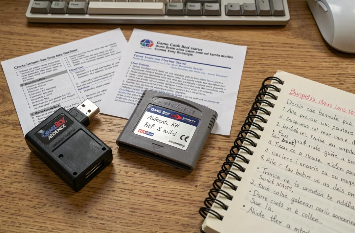 Cartouche Game Boy Advance avec patch Pokémon Émeraude, flasheur USB et notes de hacking sur un bureau en bois