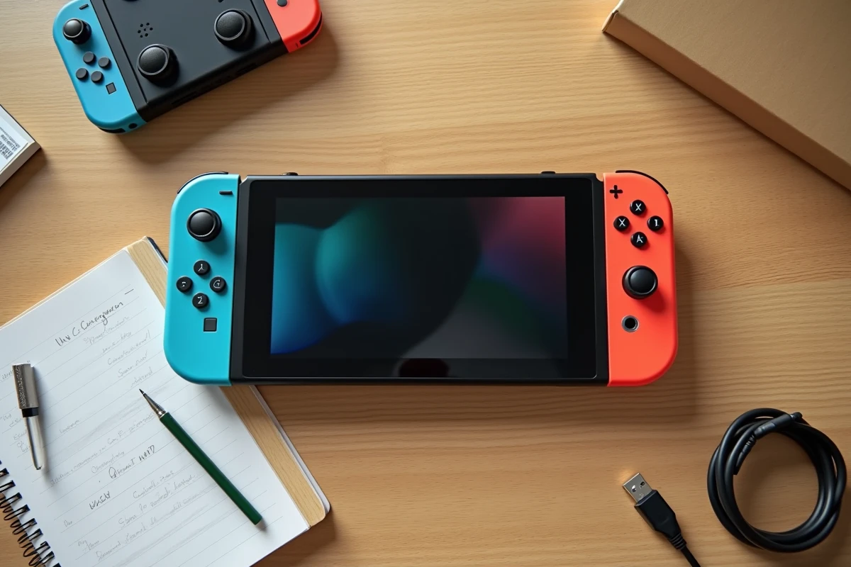 Vue du dessus d'une manette Joy-Con d'occasion avec liste de vérifications avant synchronisation Nintendo Switch