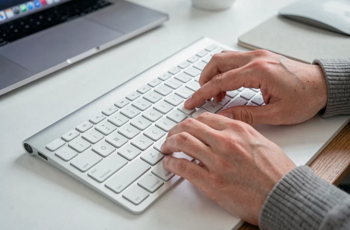 Mains sur un clavier Apple Magic Keyboard montrant la touche antislash en gros plan