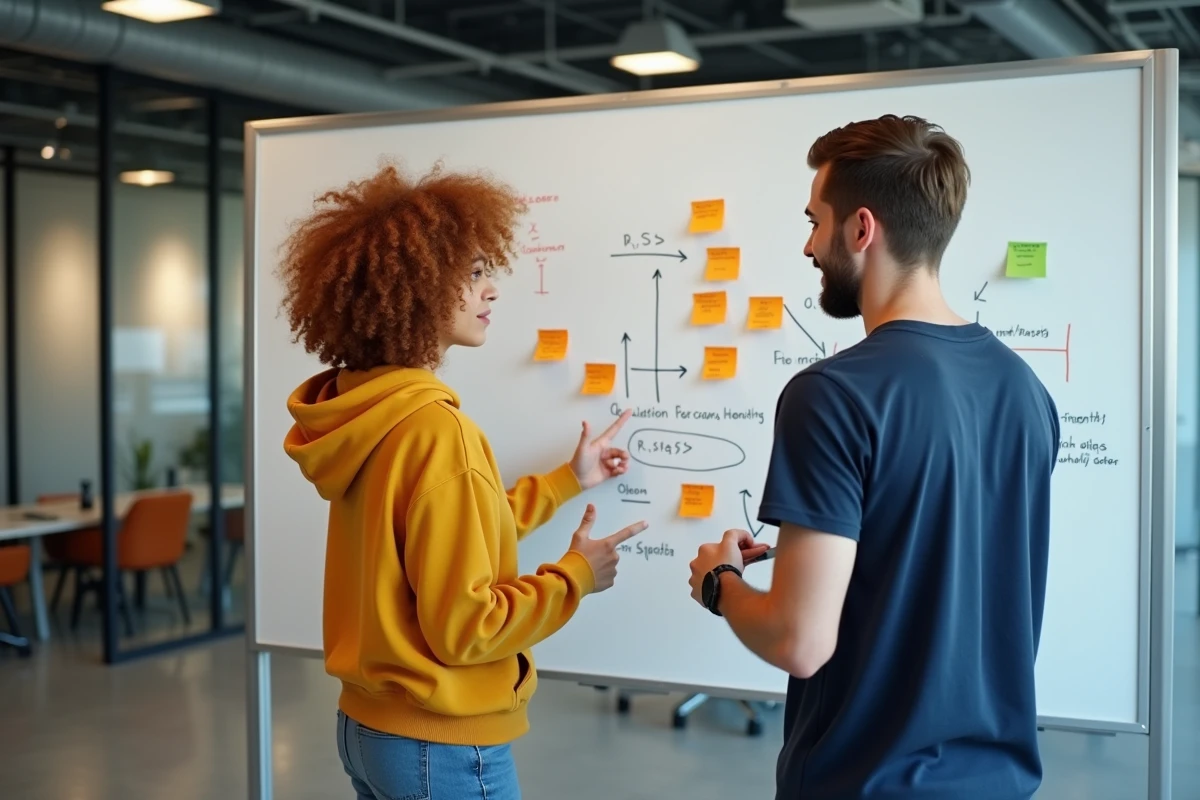 Deux développeurs collaborent devant un tableau blanc avec des schémas CSS Flexbox dans un espace de coworking