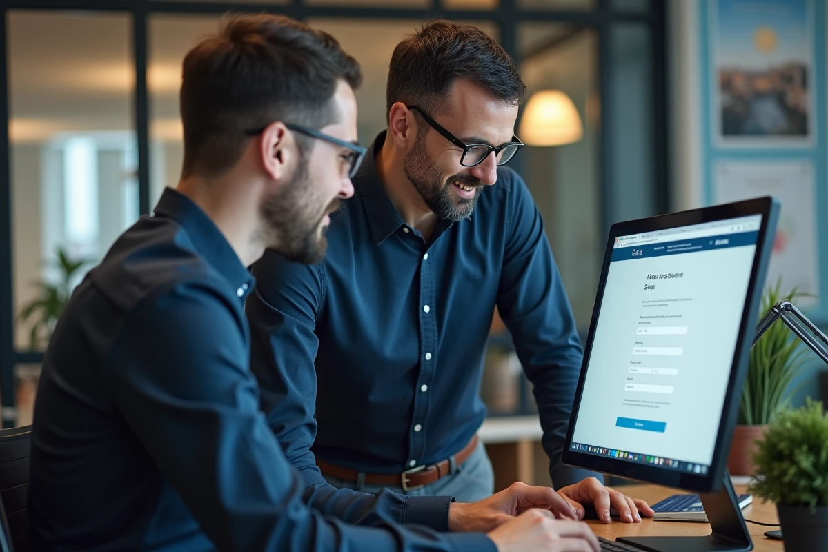 Homme d affaires guidant un collègue devant un écran d email