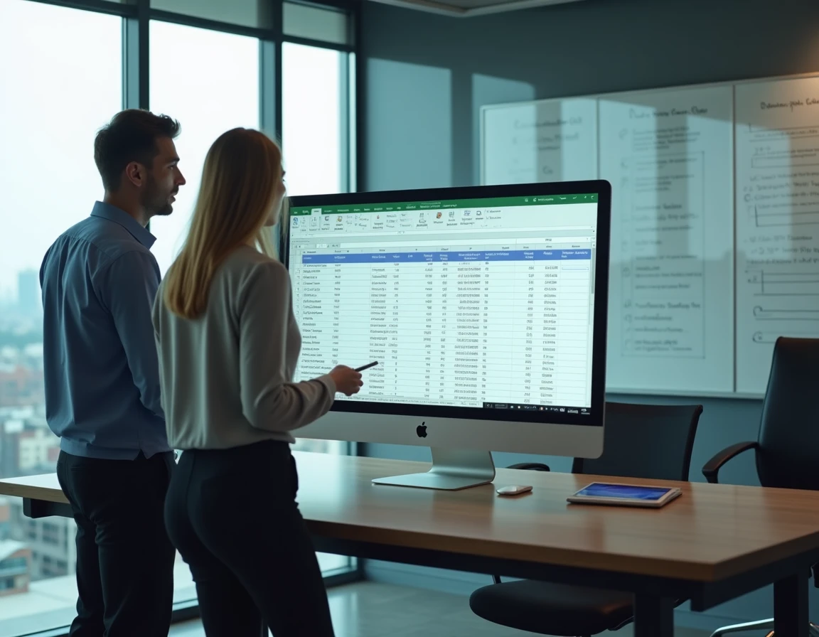 Deux collègues en réunion analysant ensemble un tableau Excel avec des volets figés sur un écran d'ordinateur dans une salle de réunion vitrée