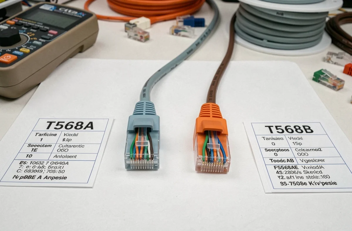 Comparaison des normes de câblage RJ45 T568A et T568B côte à côte sur un plan de travail électronique