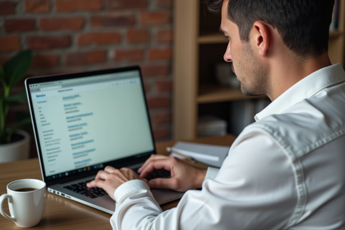 Homme configurant plusieurs comptes email professionnels dans une interface webmail sur un ordinateur portable à domicile