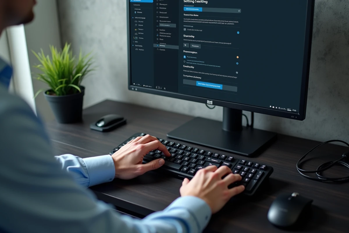 Gros plan sur des mains configurant les options d'optimisation et de nettoyage du cache d'un logiciel sur ordinateur de bureau