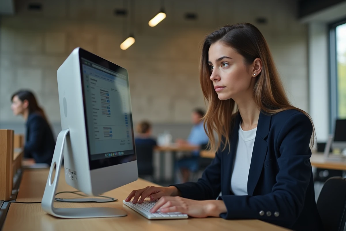 Jeune femme se connectant à son compte mail Laposte.net dans un espace de coworking