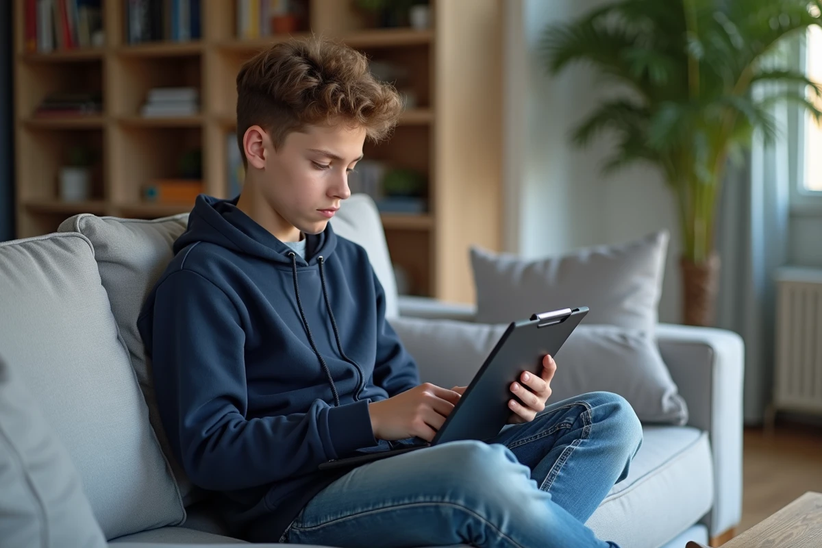Adolescent utilisant une tablette pour se connecter à l'ENT 41 en toute sécurité depuis le salon