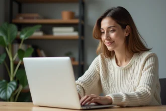 Femme consultant ses mails Laposte.net sur un ordinateur portable dans un bureau à domicile