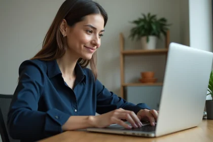Femme professionnelle se connectant à une plateforme streaming à la demande sur son ordinateur portable dans un bureau moderne