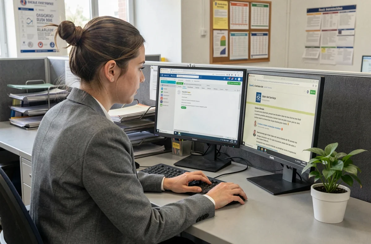 Une assistante administrative consulte sa messagerie sur l'intranet académique d'Amiens dans un bureau administratif